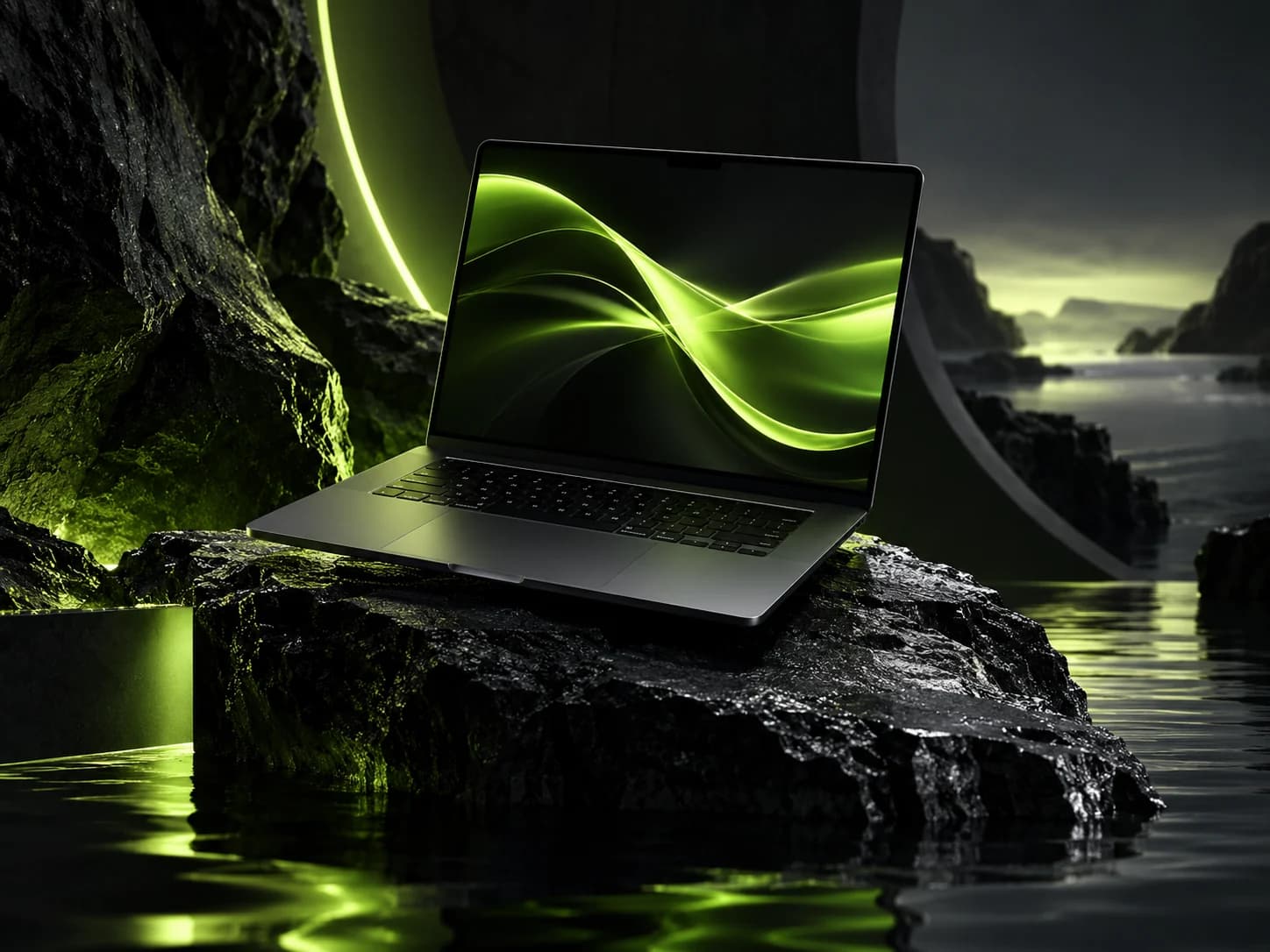 Abstracte limegroene digitale vorm op een laptopscherm